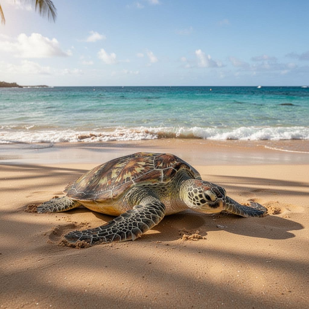 A green sea turtle rests peacefully on the golden sand at Laniakea Beach. In the background, clear turquoise ocean waves lap against the shore under warm, golden hour sunlight.