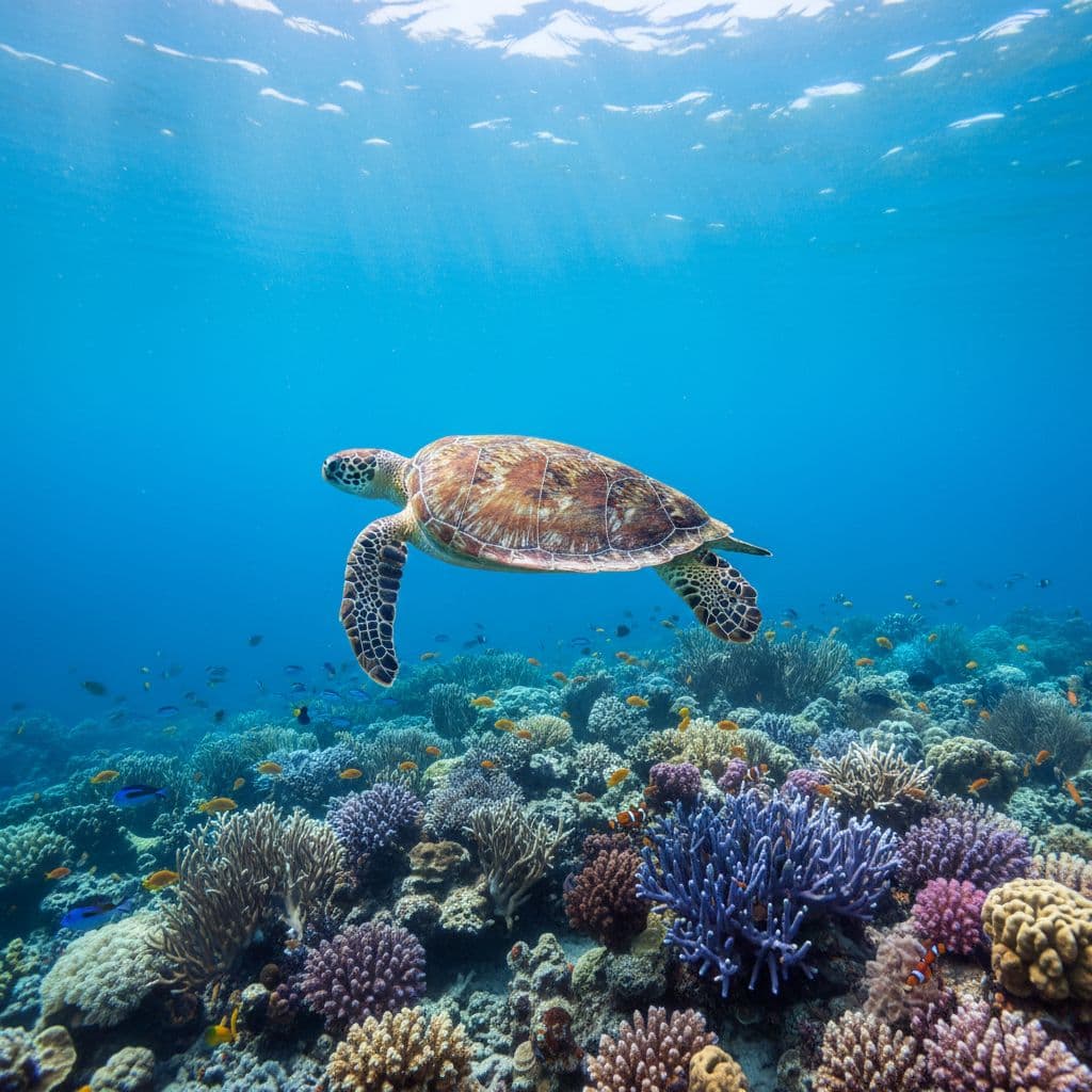 A green sea turtle swims gracefully over a colorful coral reef in clear Hawaiian waters.
