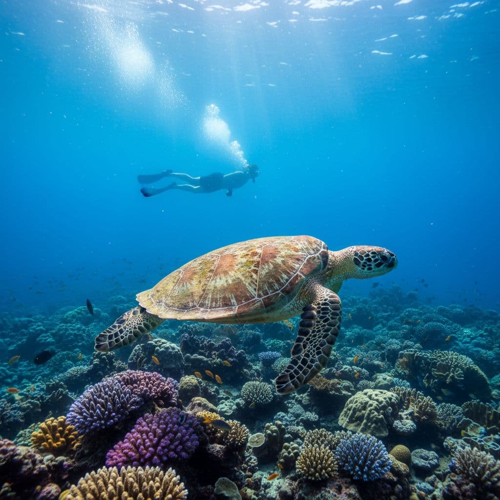 A green sea turtle swims gracefully near a coral reef as a snorkeler observes from a distance.