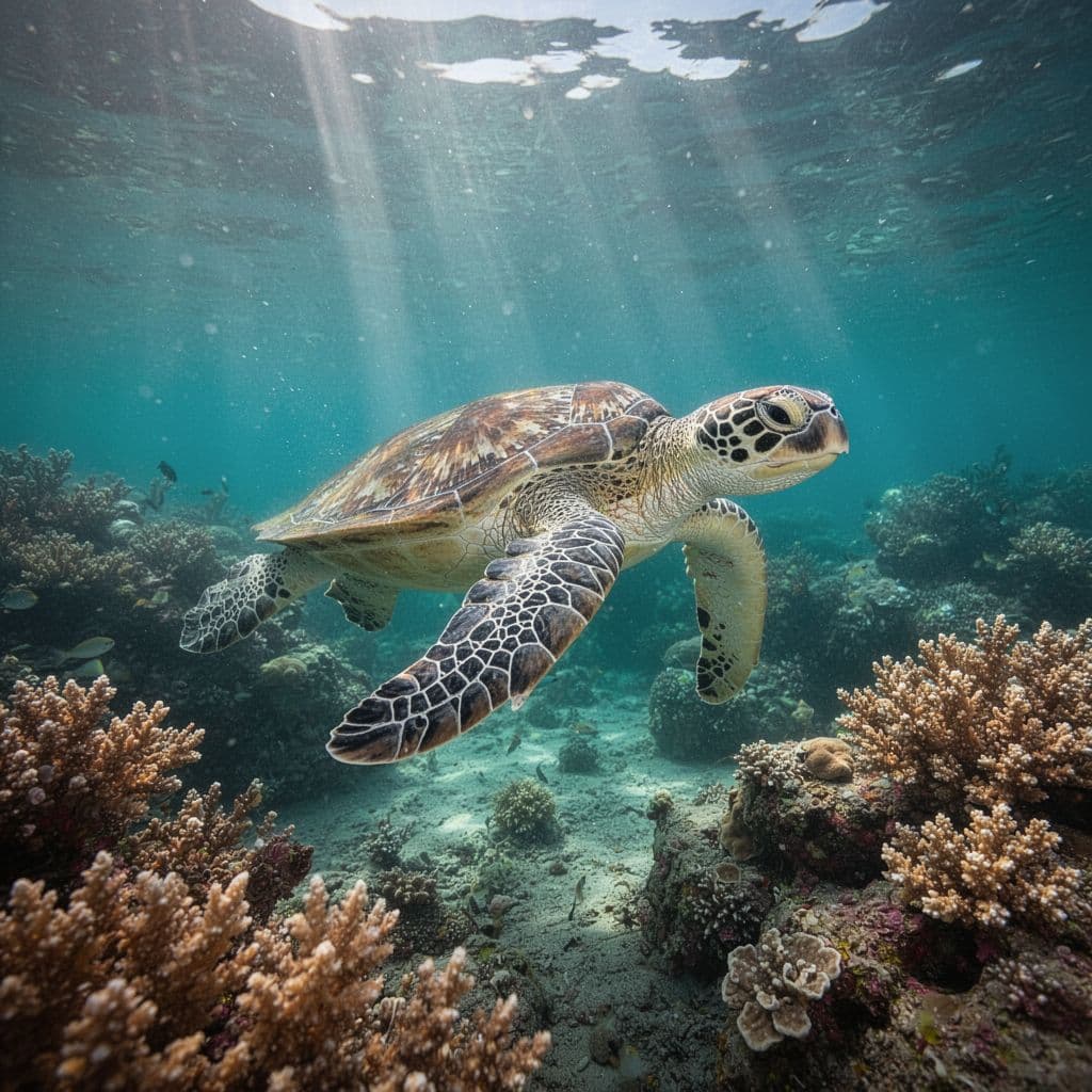 A majestic green sea turtle glides through crystal clear turquoise ocean water past a vibrant coral reef. Bright sunlight filters from the surface, illuminating colorful sea life in the depths.