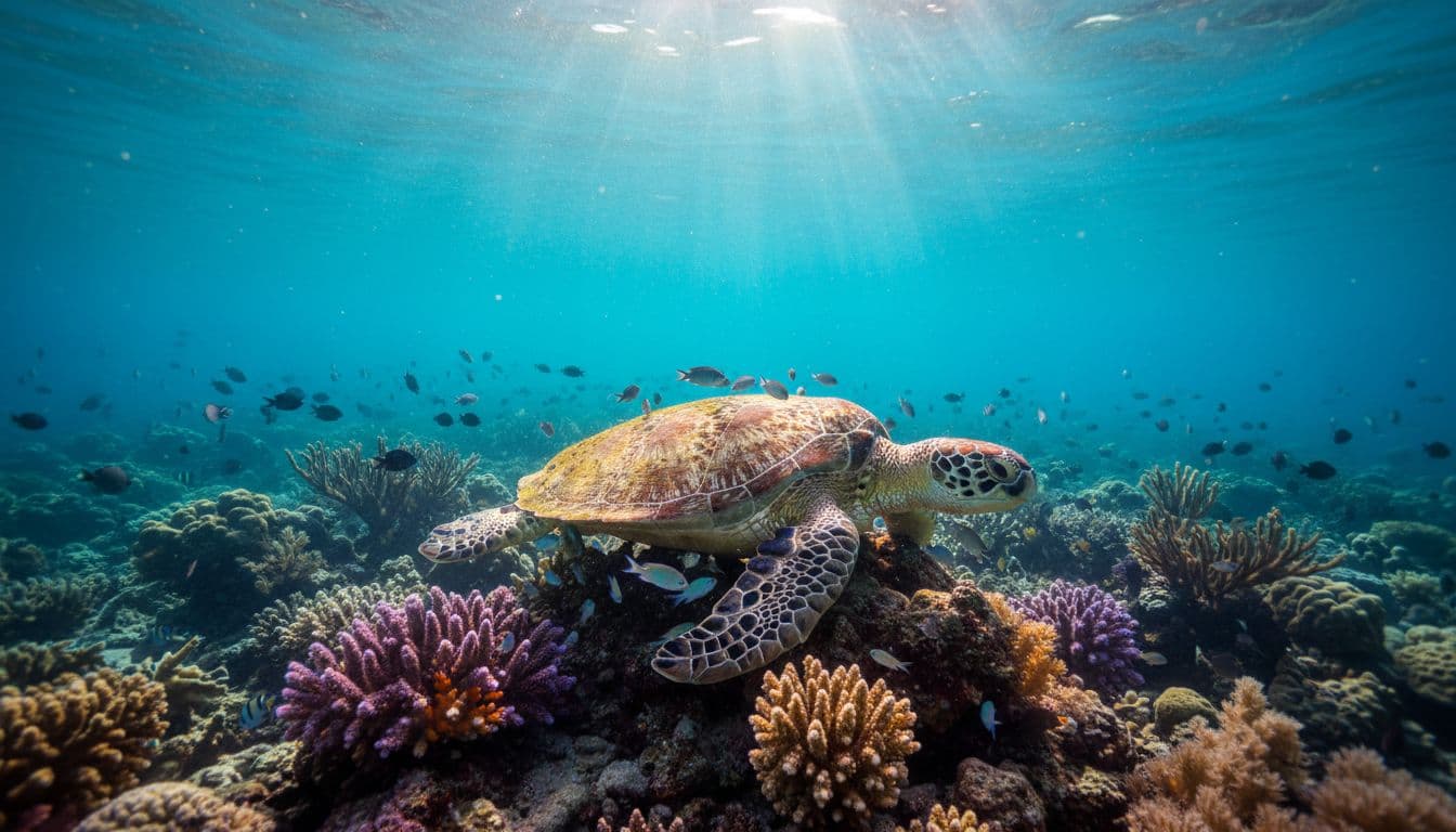 Green sea turtle rests on colorful coral reef in turquoise water with sunbeams and cleaner fish nibbling shell.