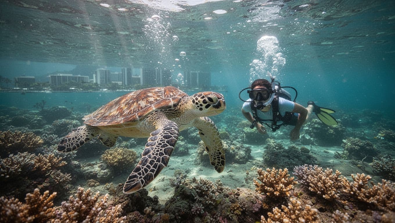 Green sea turtle glides near single snorkeler in turquoise water over vibrant coral reef, distant Waikiki coastline visible.