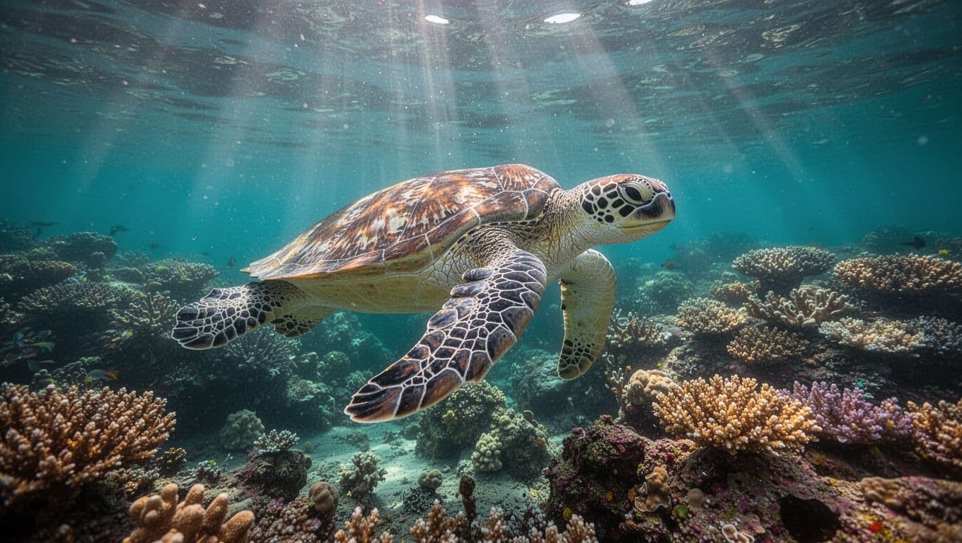 A green sea turtle glides gracefully through crystal clear turquoise ocean water above a colorful coral reef. Sunbeams penetrate the surface, illuminating the turtle's patterned shell and the surrounding tropical ecosystem.