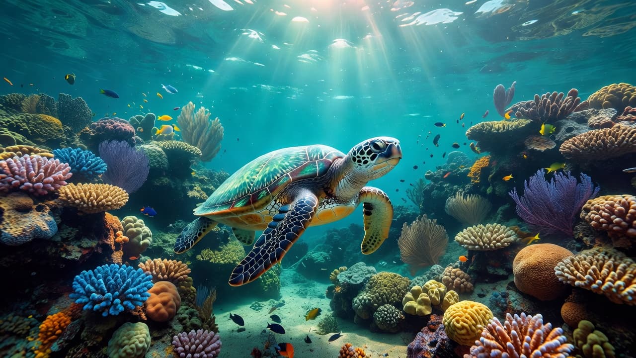 A graceful green sea turtle glides past a lush coral reef system submerged in clear turquoise water. Sunlight beams pierce the ocean surface, illuminating the vibrant texture of the marine environment.
