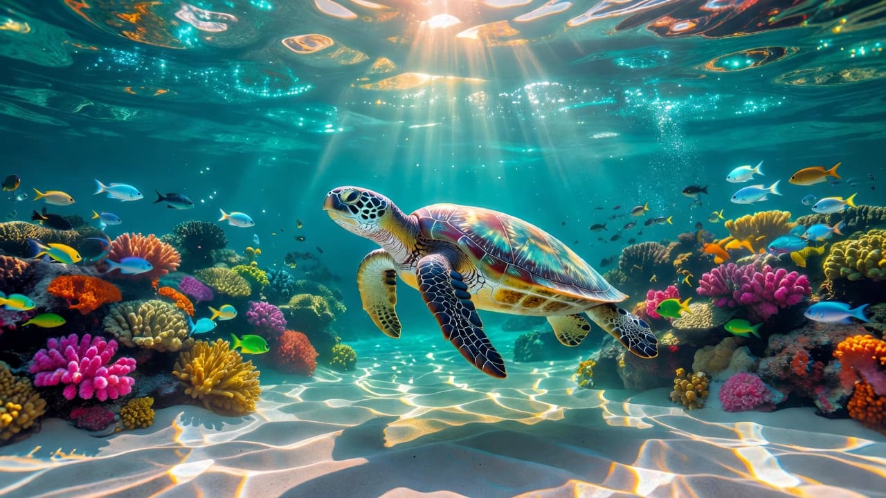 A green sea turtle glides through transparent tropical water over a sandy seabed. Dappled sunlight filters from above, illuminating the vibrant coral reef and rocky terrain visible in the distant background.