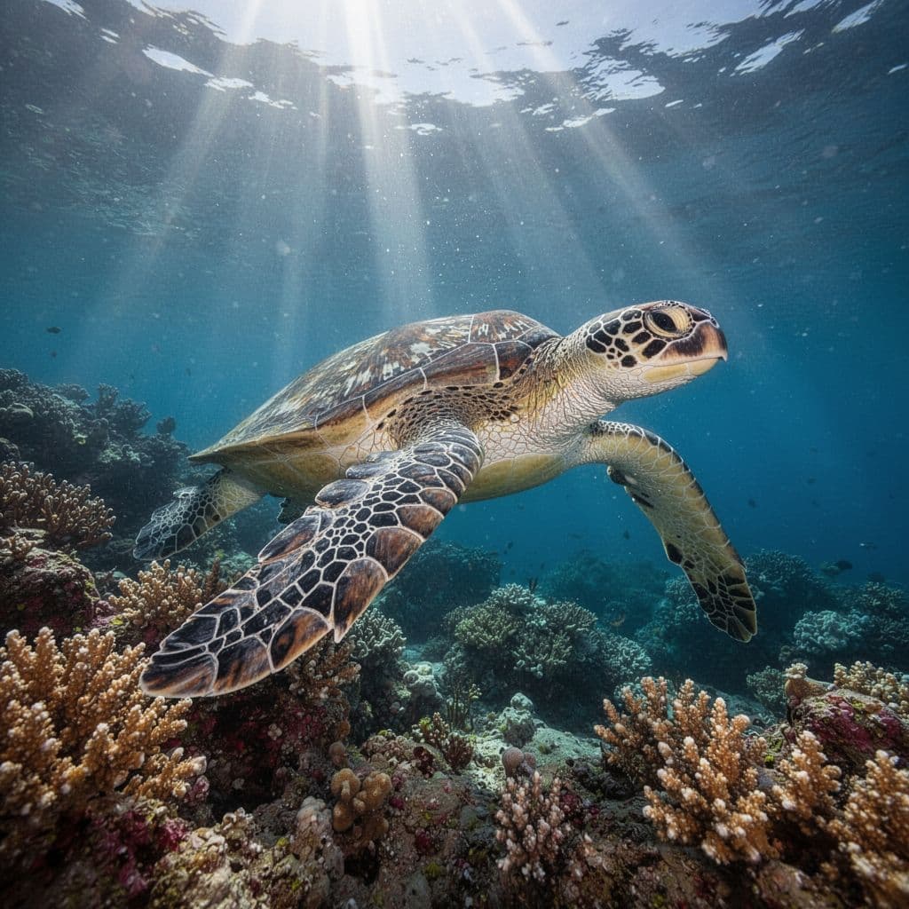 A green sea turtle swims gracefully through clear blue water past a vibrant coral reef.