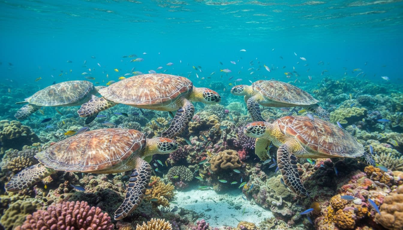Hawaiian green sea turtles hover calmly at a natural underwater cleaning station in Turtle Canyon, Oahu, with small cleaner wrasse fish nibbling on their shells and skin amid vibrant coral reef in shallow turquoise water.