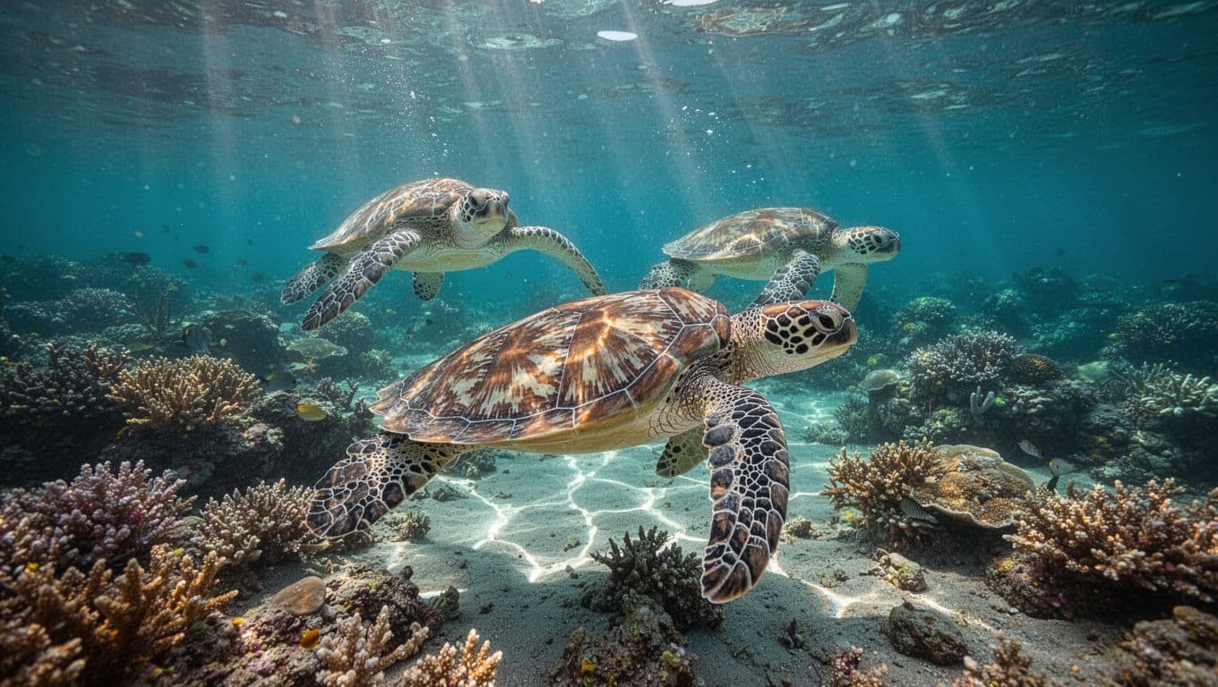 Two green sea turtles glide over vibrant coral reef in turquoise water with sunlight caustics.