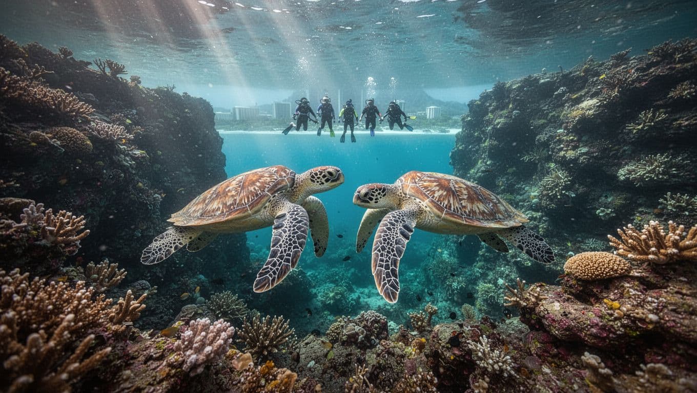Two Hawaiian green sea turtles glide gracefully past vibrant coral reefs in Turtle Canyon, with exceptionally clear turquoise waters revealing intricate details twenty feet deep. A small group of three snorkelers observes from above in early morning sunlight, Waikiki coastline faintly visible in the background.