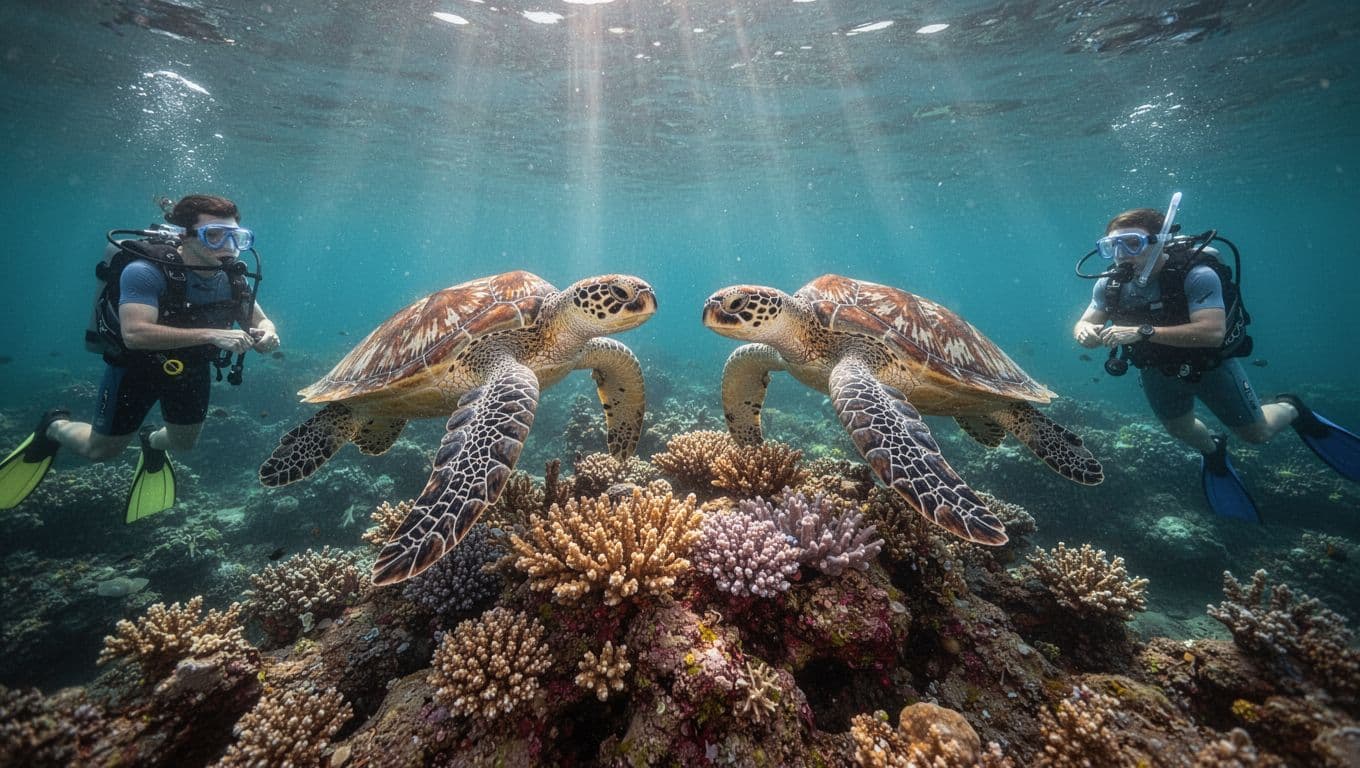 Hawaiian green sea turtles glide near a vibrant coral reef cleaning station in clear turquoise waters at Turtle Canyon, Oahu, with two snorkelers observing calmly from a safe distance of at least 10 feet.