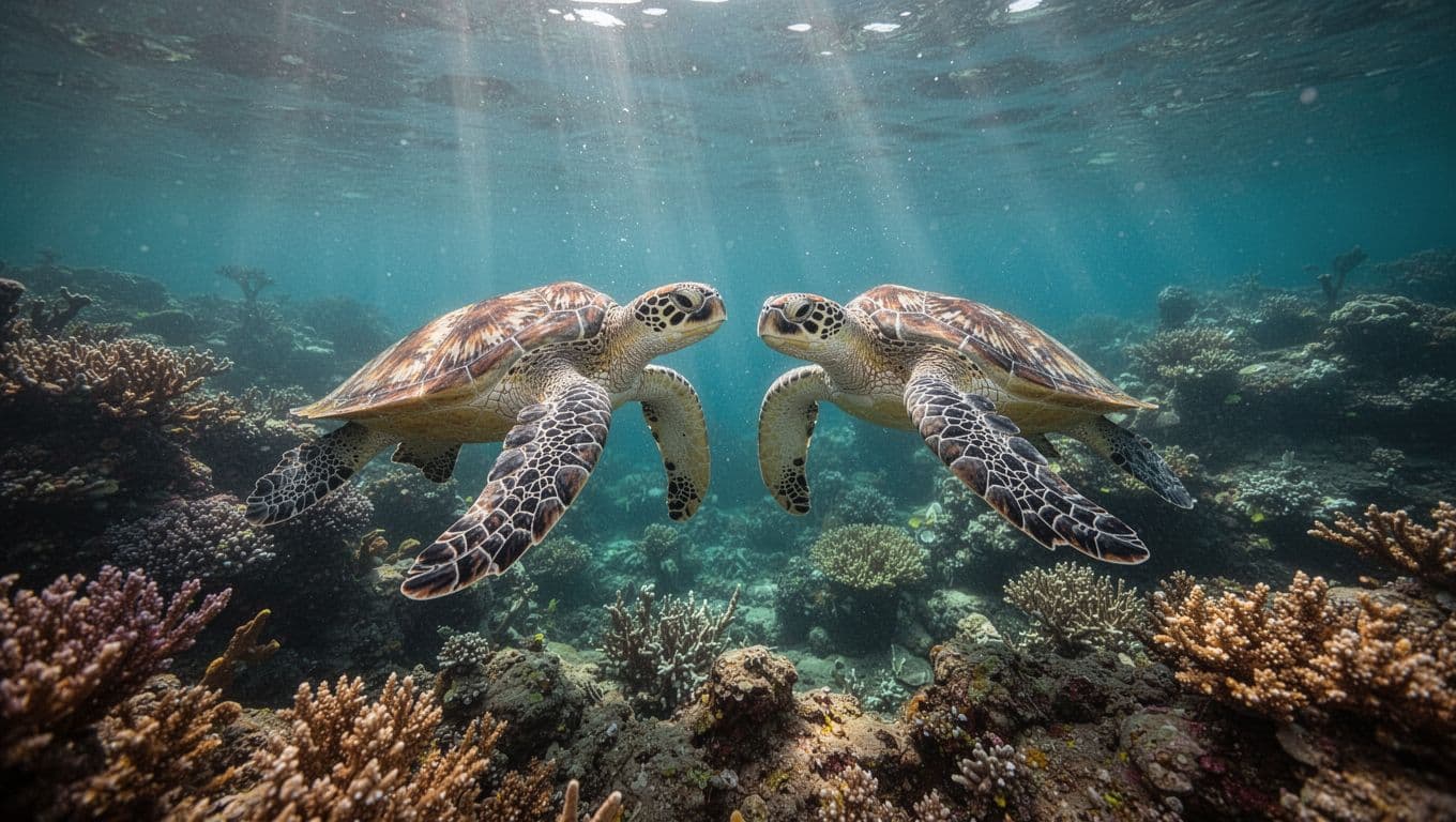 Two Hawaiian green sea turtles swim gracefully in clear turquoise waters at Turtle Canyon reef on Oahu, with sunlight beams filtering through for a cinematic underwater effect amid coral.