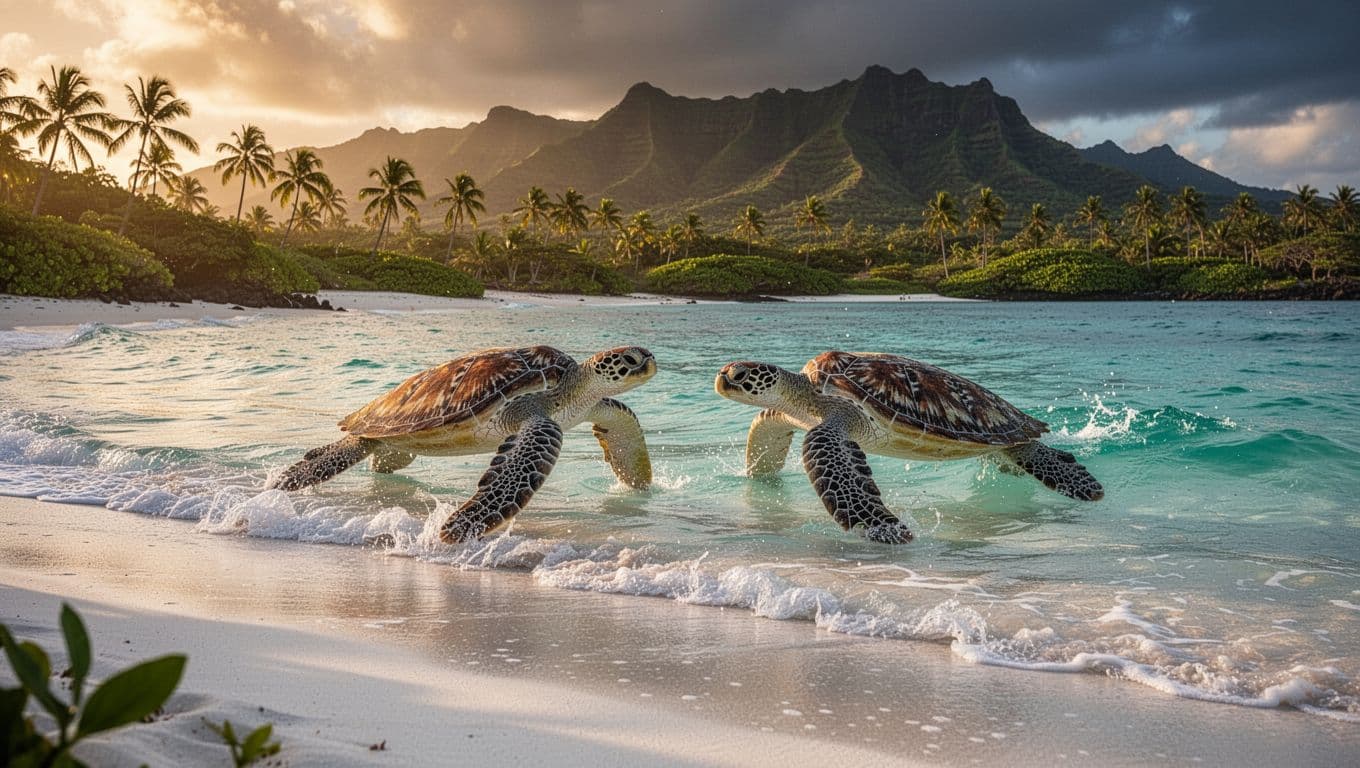 Two green sea turtles glide through turquoise waters near Waimanalo Beach's white sandy shore.