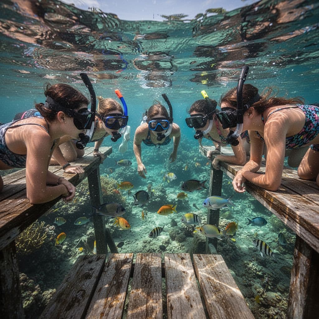 People wearing snorkeling gear lean over a boat platform to view a vibrant coral reef below.