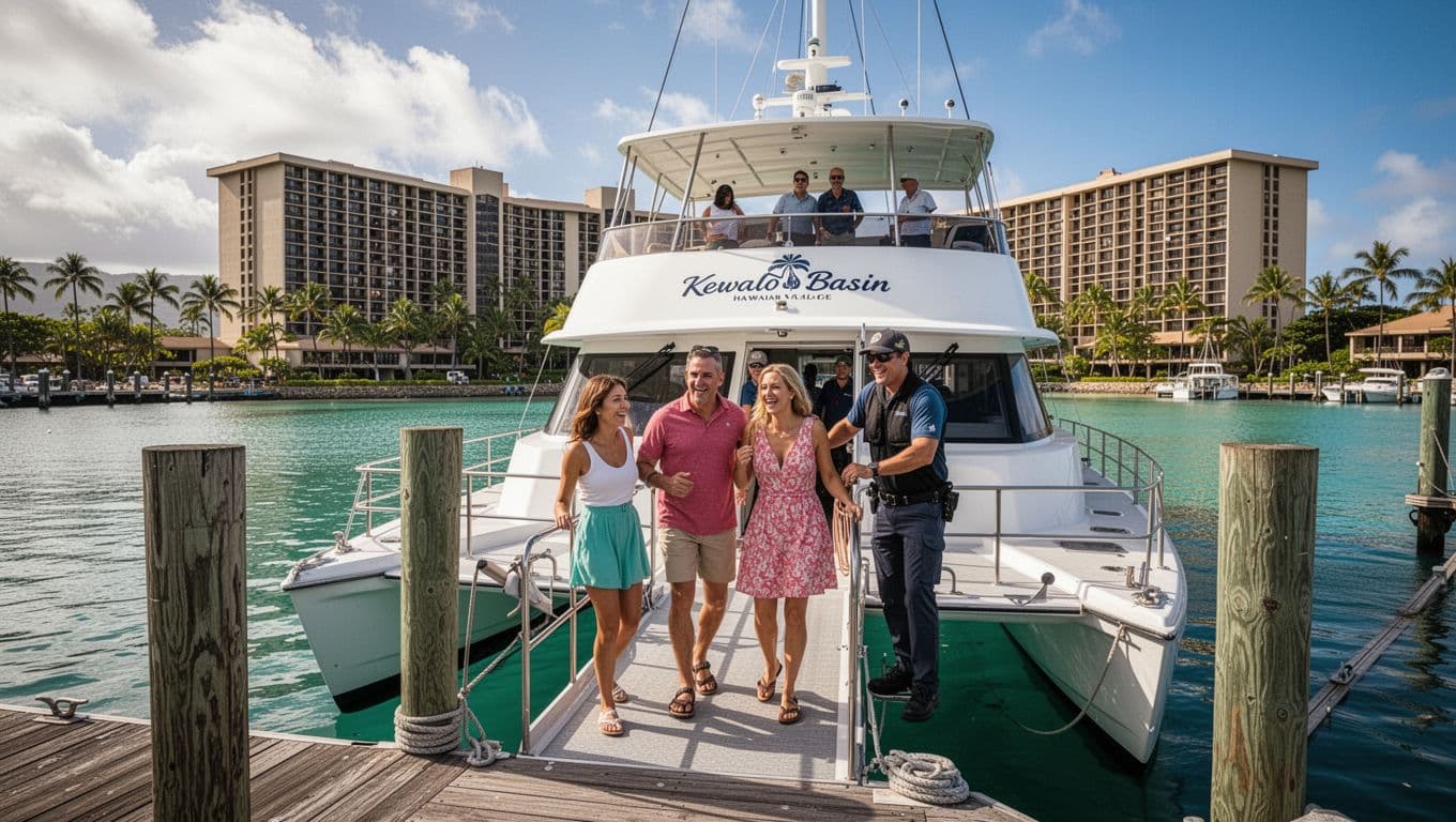 Four guests and crew board double-decker catamaran at Kewalo Basin harbor, Hilton Hawaiian Village lagoon in background.