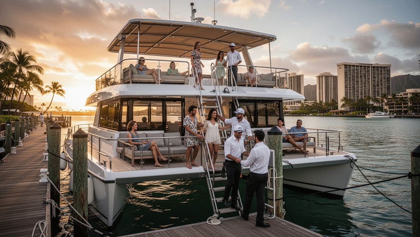 Six guests board double-decker catamaran at Kewalo Basin via ladder, crew assists, Waikiki skyline at sunset.