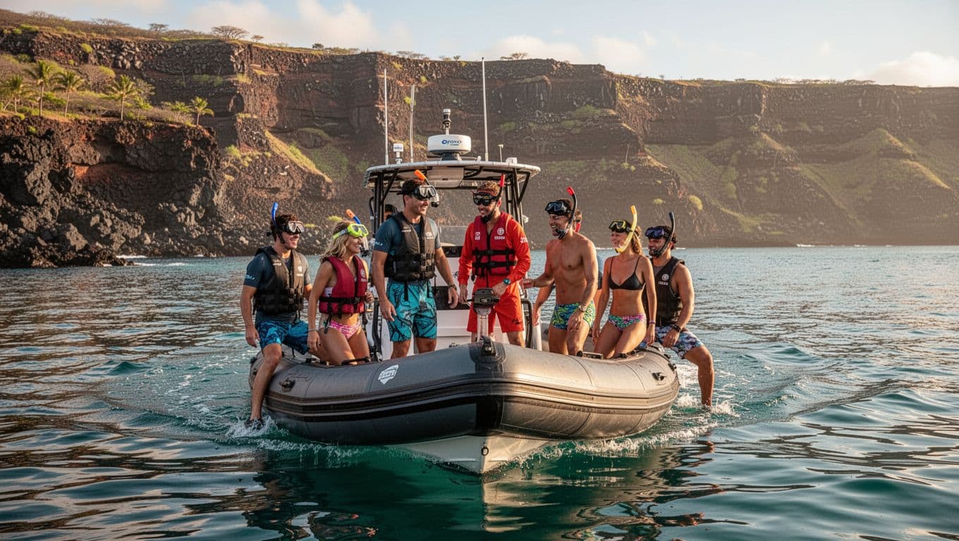 Eight guests and two guides with snorkel gear board rigid inflatable boat at Honokohau Marina with volcanic cliffs behind.