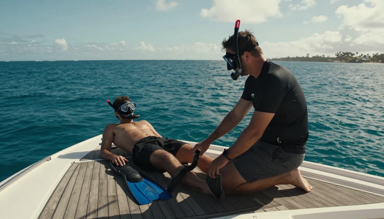A professional guide adjusts the snorkel mask for a first-time snorkeler on the double-decker boat deck at Kewalo Basin Harbor, Oahu, with fins nearby on a sunny day featuring an ocean view and relaxed pose. Cinematic style with strong contrast, depth, and dramatic lighting.