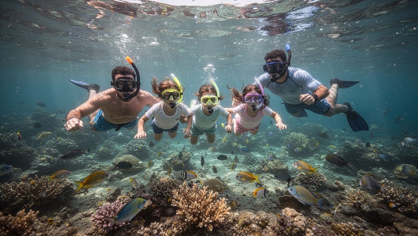 Group in snorkel gear swims above shallow reef in clear tropical water, led by guide.