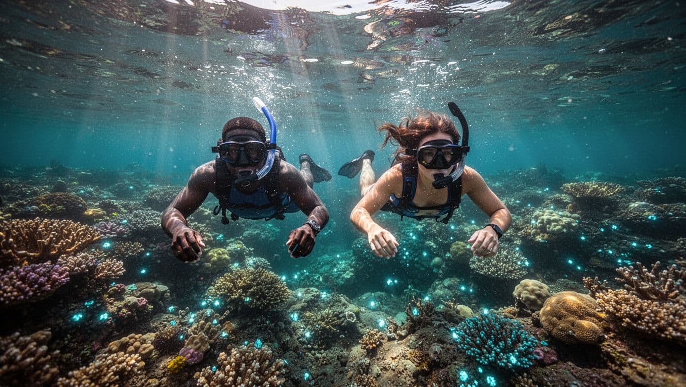 Three snorkelers with professional equipment glide through clear turquoise water above a vibrant coral reef. Sun rays pierce the ocean surface, illuminating colorful marine life and the relaxed, diverse group.