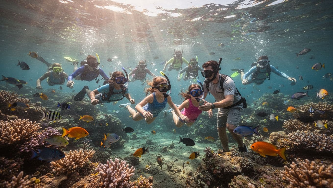 Sunlight streams through clear tropical water, illuminating bright coral reefs and exotic fish species. A professional guide assists a guest as diverse snorkelers explore the vibrant Hawaiian underwater ecosystem together.