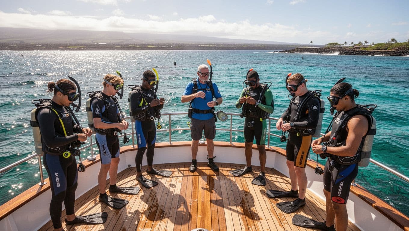 A diverse group of snorkelers sits on a sunny boat deck in Hawaii while a crew member explains gear. The vibrant blue ocean stretches out behind the small, relaxed group.