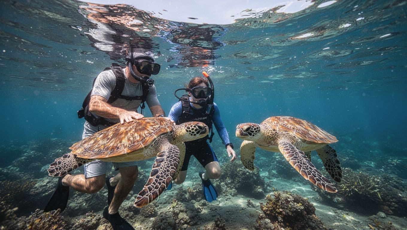 A professional guide assists a guest swimming in vibrant turquoise waters. A large green sea turtle glides gracefully beneath them as sunlight illuminates the sandy ocean floor and coral reefs.