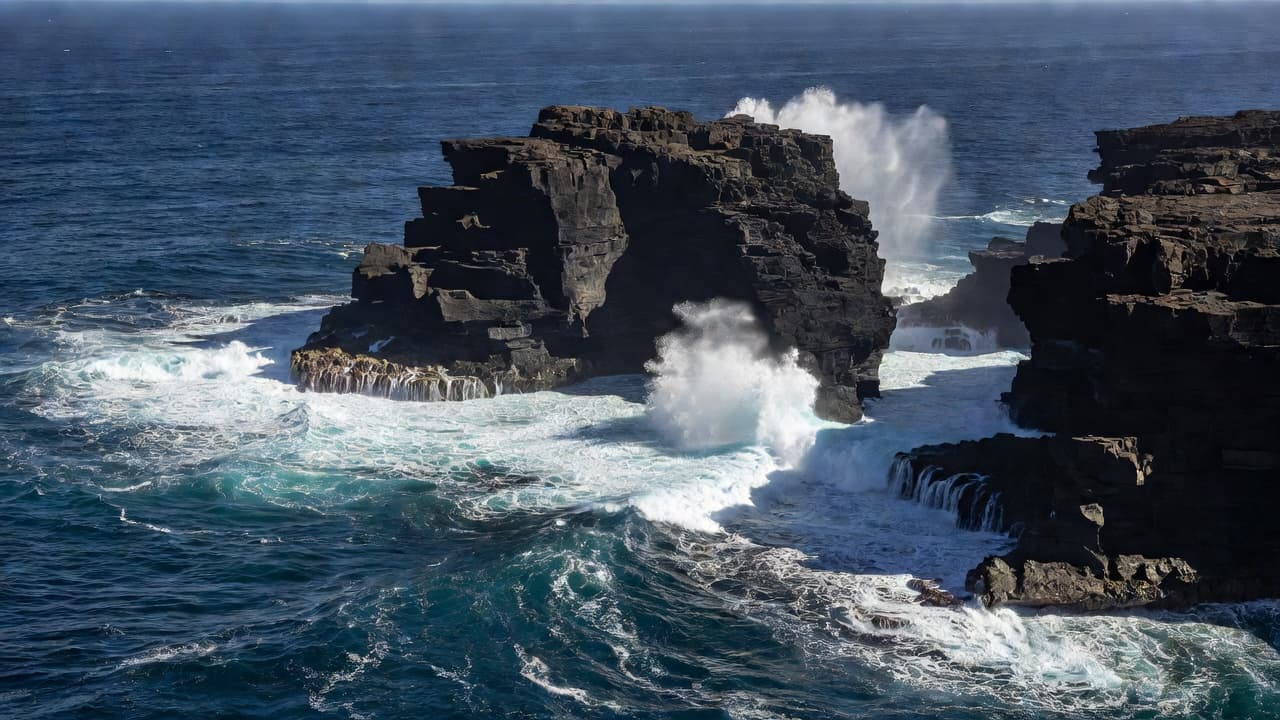 Deep blue ocean waves crash violently against jagged black volcanic rock formations along the Oahu shoreline. Bright sunlight casts dramatic shadows across the rugged cliffs under a clear, expansive sky.