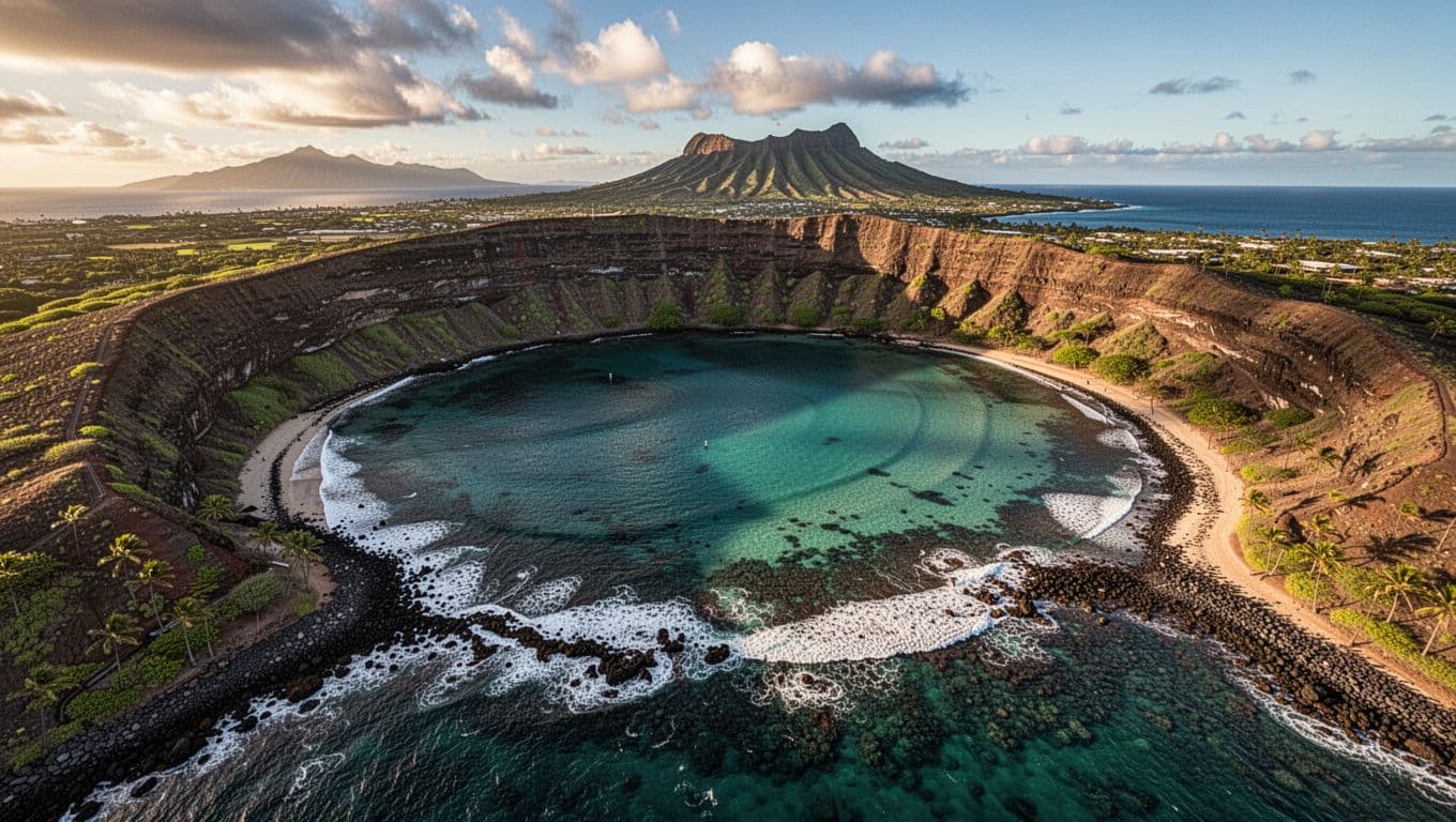 Aerial view of turquoise waters in Hanauma Bay volcanic crater, rocky shores, gentle waves, distant Diamond Head.