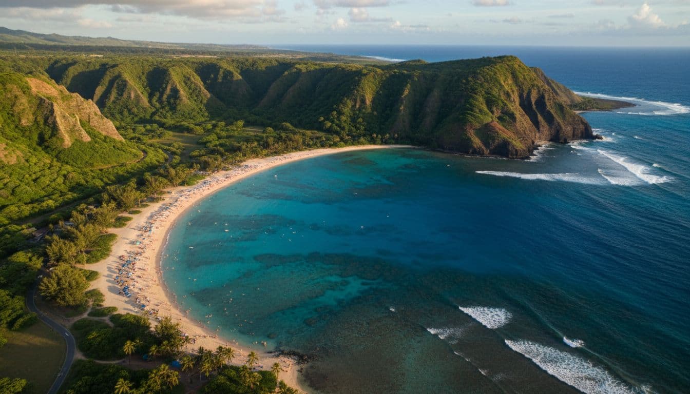 Scenic aerial view of Hanauma Bay nature preserve on Oahu, Hawaii, with turquoise lagoon and sandy beach crowded with visitors amid green cliffs. Cinematic style emphasizes strong contrast, depth, and dramatic lighting focused on the landscape.