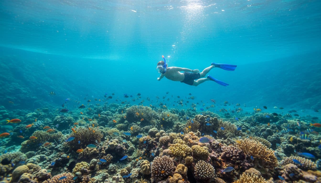 A relaxed first-time snorkeler with mask and fins explores a colorful coral reef in the calm turquoise waters of Hanauma Bay, surrounded by schools of tropical fish and dramatic light rays.