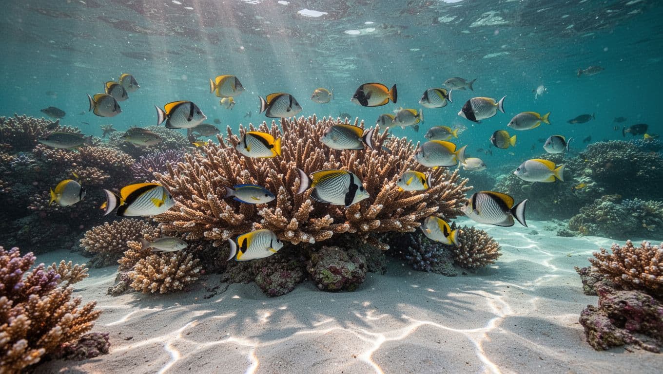 Schools of tropical fish swim around corals in turquoise waters with sunlight caustics on sandy bottom.