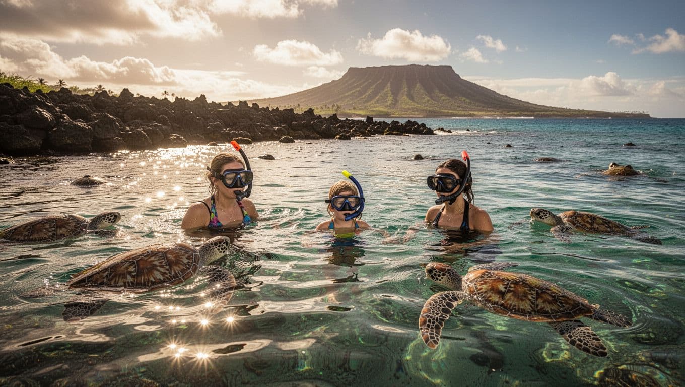 A family of three—two adults and one child—relaxes while snorkeling with sea turtles in the calm turquoise bay of Hanauma Bay, Oahu, with rocky shoreline and distant Diamond Head under dramatic cinematic sunlight.