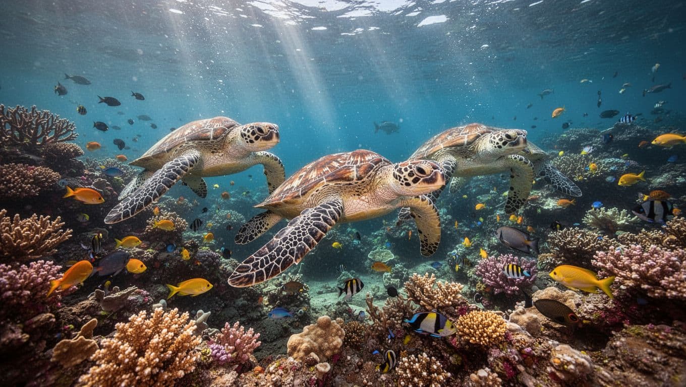 Three Hawaiian green sea turtles glide among colorful corals and fish with sunlight rays filtering through water.