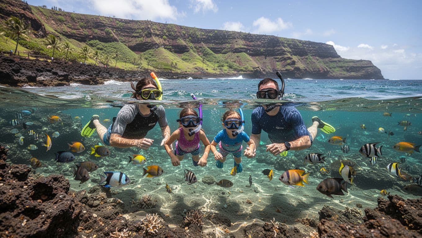 A family of two adults and two kids snorkels in the clear waters of Hanauma Bay, Oahu, floating with masks to view fish against a rocky shore and green cliffs background. Cinematic wide composition with strong contrast, depth, and dramatic midday lighting from beach to ocean.