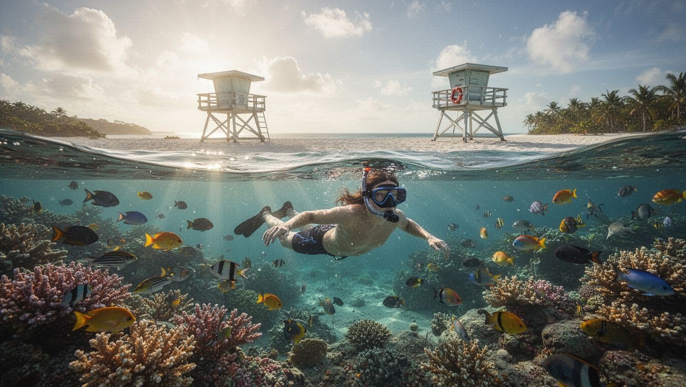 A relaxed snorkeler swims in calm, clear waters at Hanauma Bay, Oahu, surrounded by colorful fish and vibrant coral reef, with a lifeguard tower overseeing the beach in the sunny morning background.