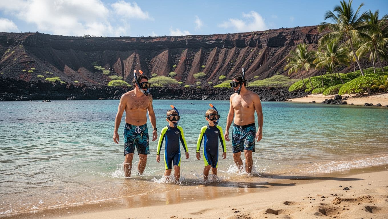 Two adults and two kids in colorful gear wade from sandy beach into turquoise lagoon at Hanauma Bay.
