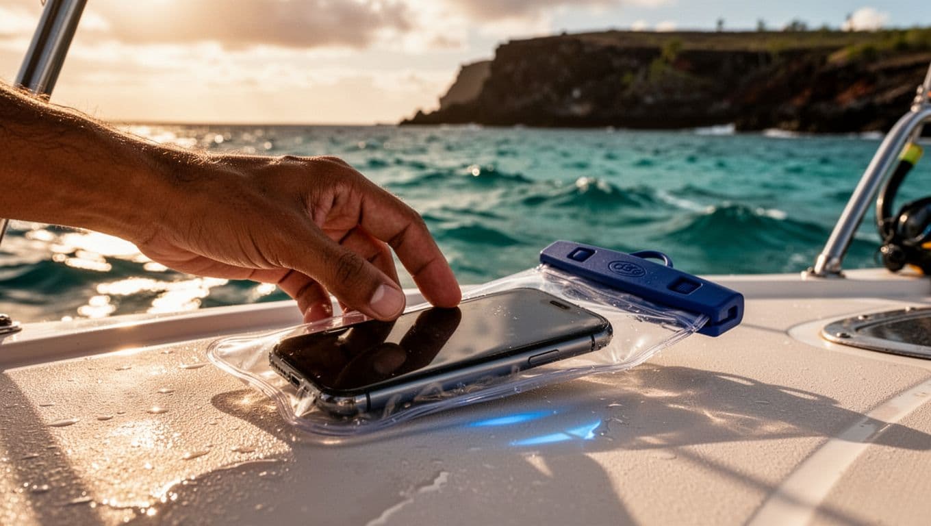 Hand slides smartphone into transparent waterproof pouch on sunny boat deck with turquoise ocean waves and Hawaiian volcanic coast behind.