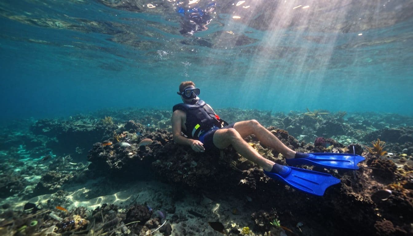 One snorkeler floats above a colorful reef in clear water.