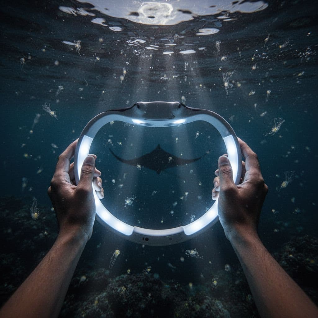 Close-up from above of hands lightly gripping glowing handles on manta ray light board underwater at night.