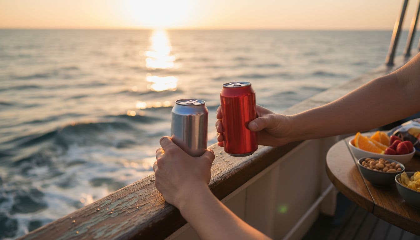 Close-up of hands holding canned beer and soda on wooden boat deck railing, with blurred ocean waves and sunset horizon, fresh fruits and snacks on nearby table, casual relaxed vibe.