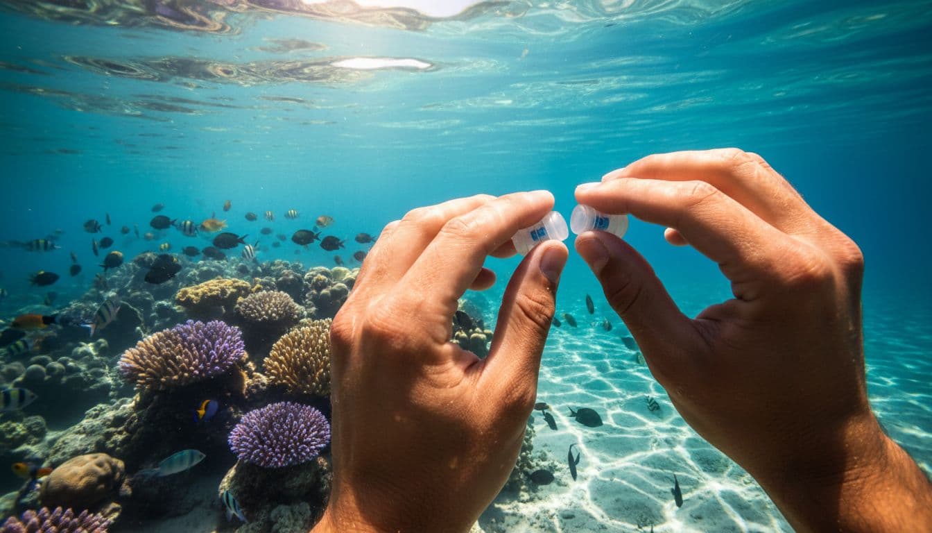 Hands insert vented silicone earplugs into ears, clear tropical ocean and coral reef in background.