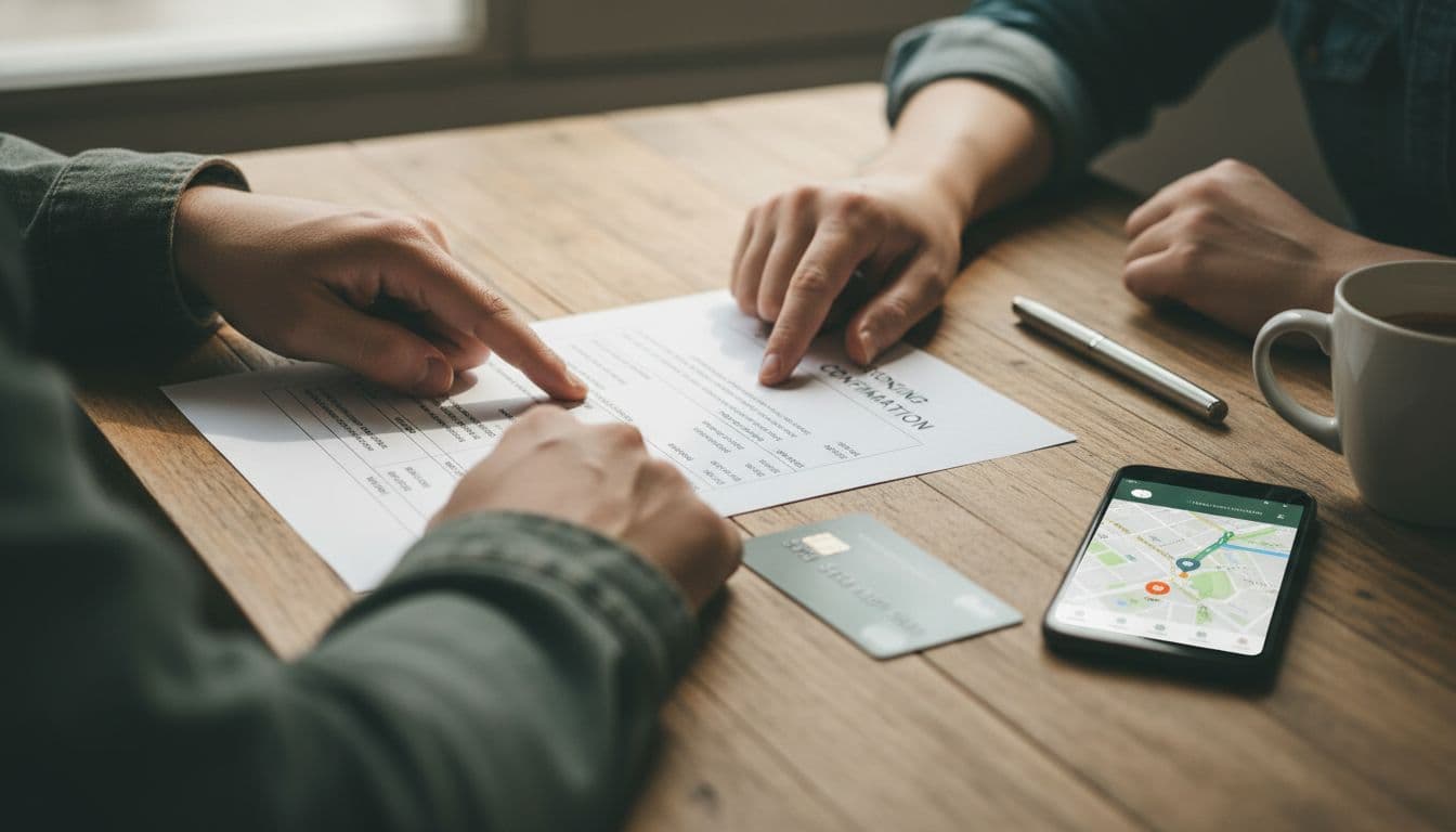 Hands reviewing a tour booking confirmation with line items
