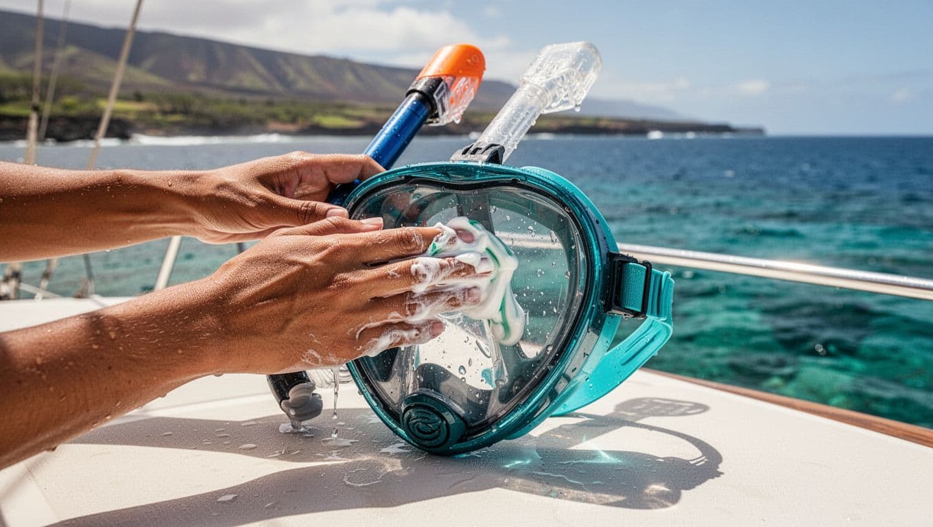 Two hands gently rub toothpaste inside snorkel mask lens on sunny boat deck overlooking clear blue ocean.