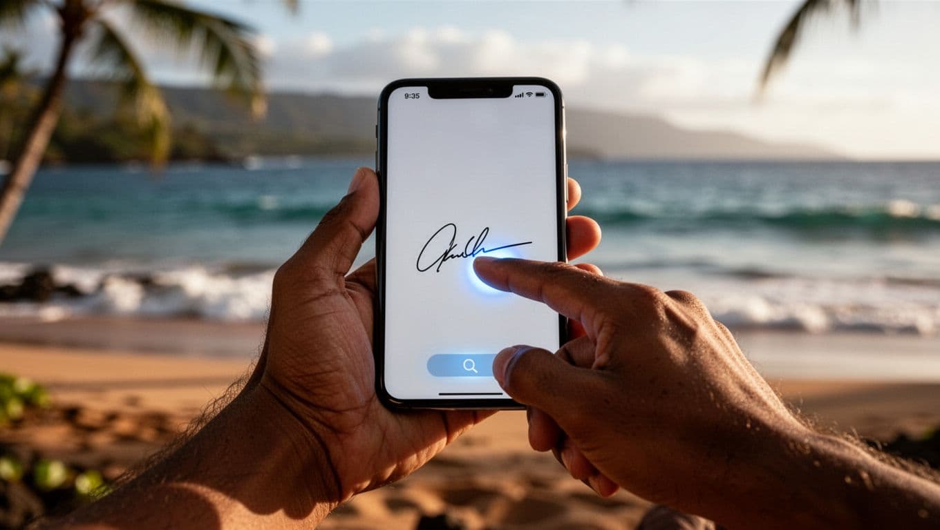 Close-up of hands holding smartphone digitally signing snorkel waiver form, blurred beach and ocean background.