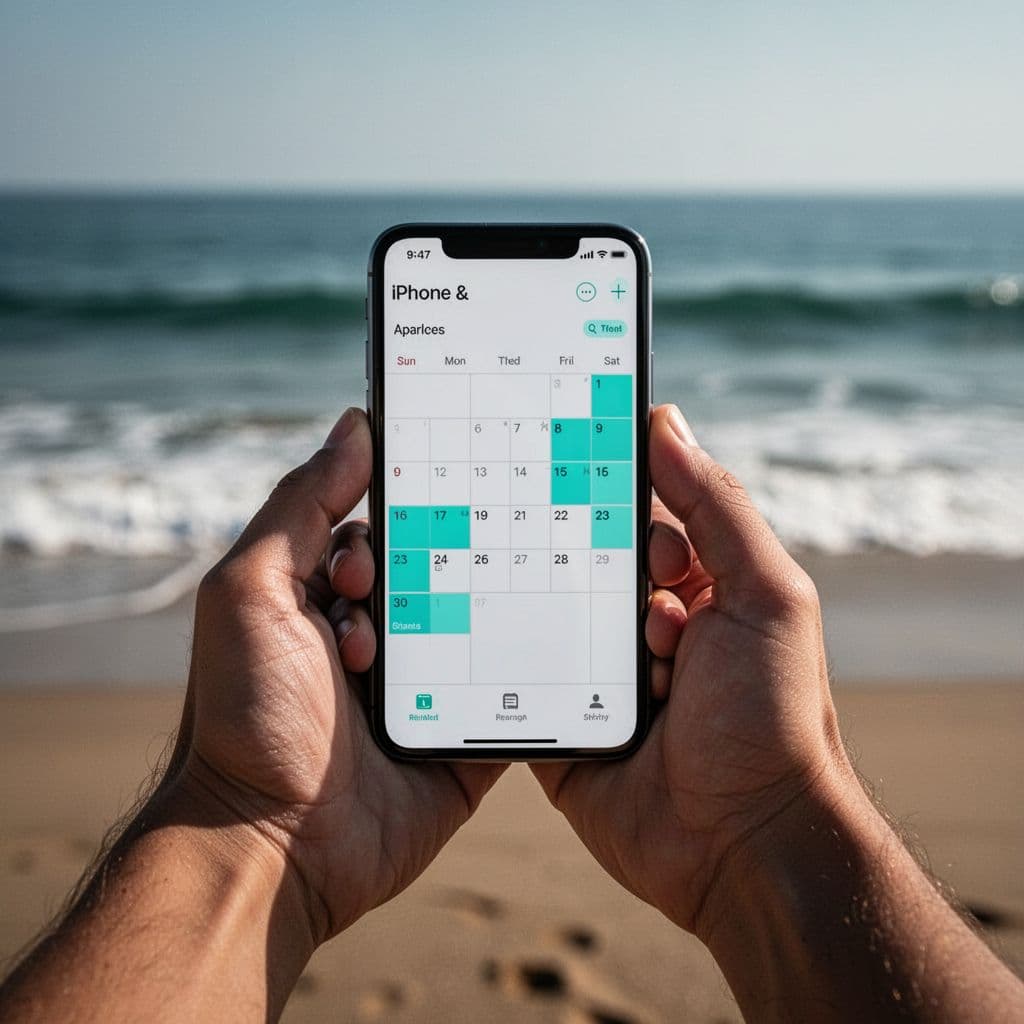 Close-up of hands holding a smartphone displaying a calendar app with turquoise booking dates marked, blurred Hawaiian beach ocean background, cinematic style with dramatic lighting.