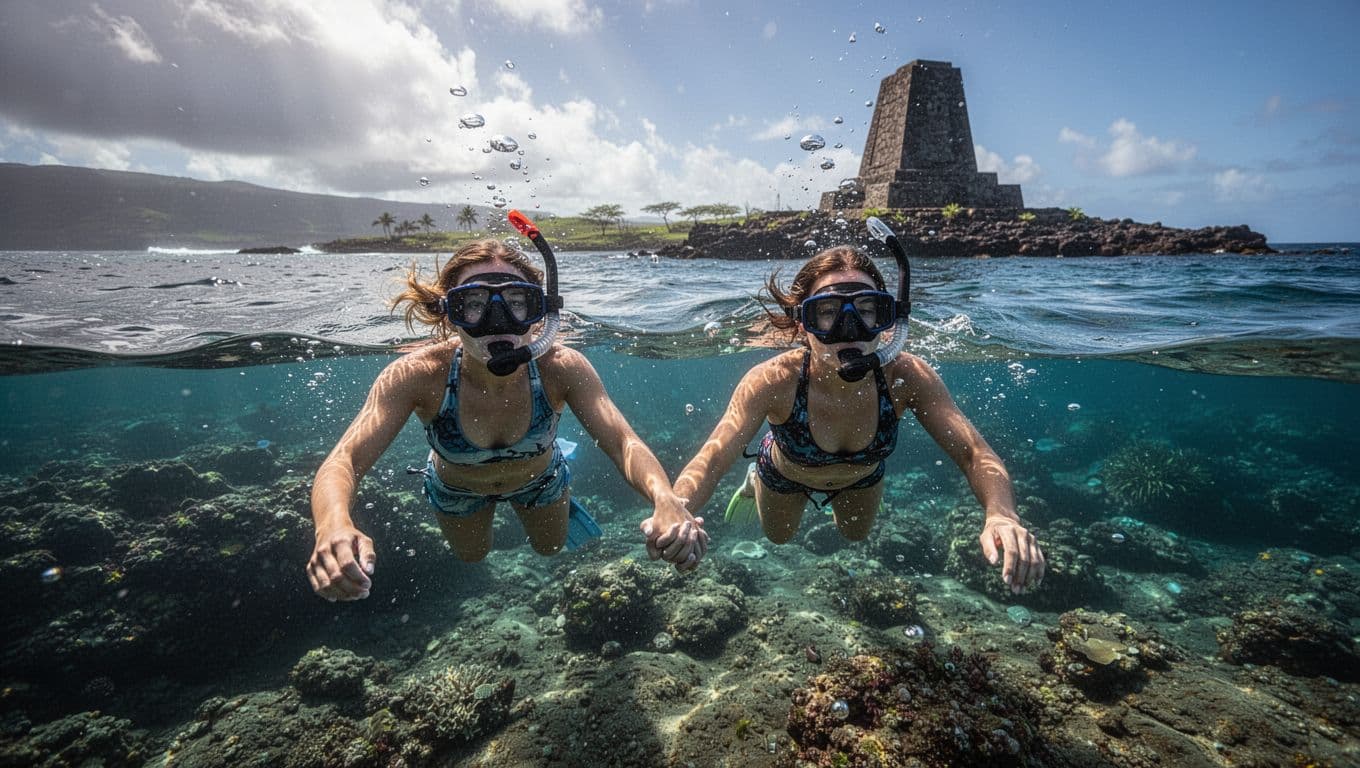 Happy couple snorkeling hand in hand over shallow reef in calm Kealakekua Bay waters, Captain Cook Monument on shore in background.