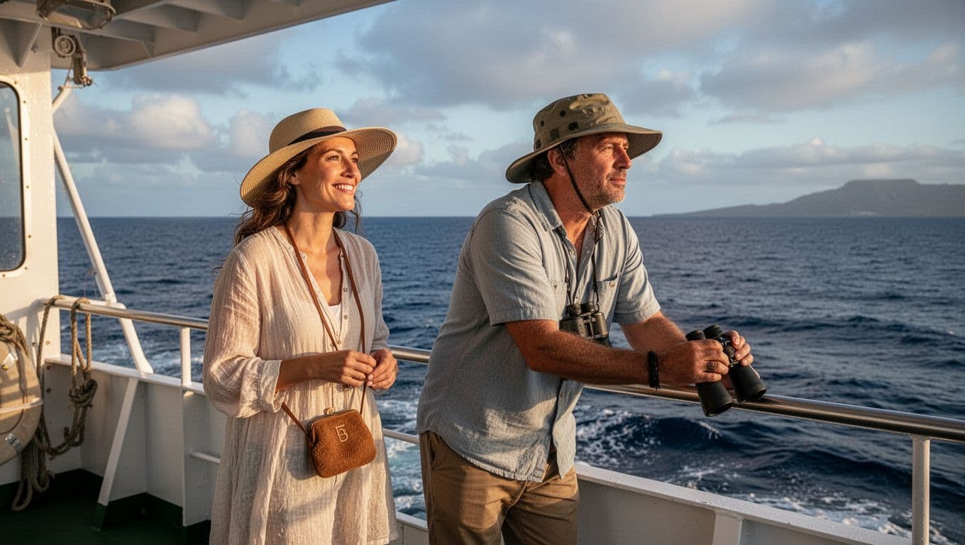 A happy first-time visitor couple relaxes on the whale watching boat deck off Oahu, with the woman holding a small ginger pouch and smiling at the calm sea, and the man resting binoculars on the rail in soft morning light.