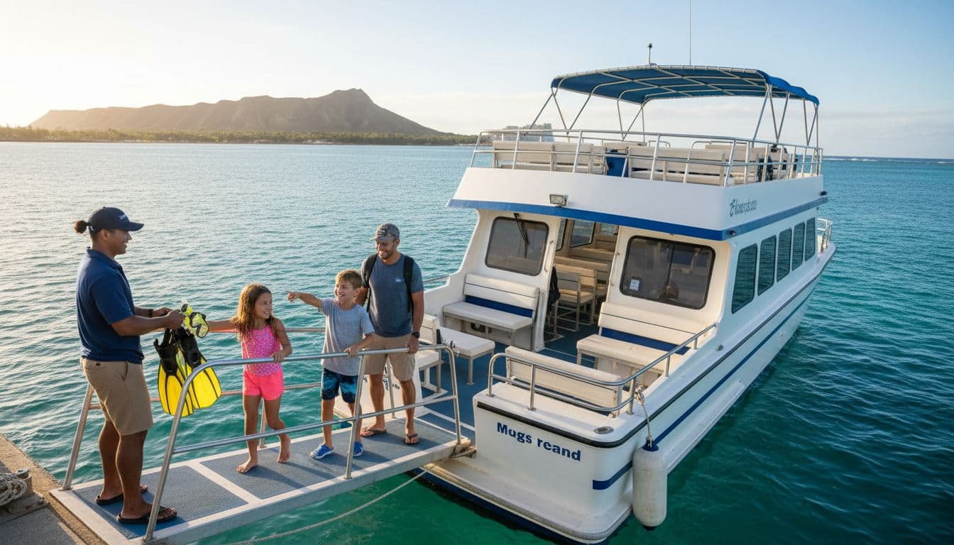 A smiling mixed group of two adults, two kids, and one crew member boards a spacious double-decker snorkel boat at Kewalo Basin Harbor, with the crew handing out snorkel gear and Diamond Head visible in the distance under tropical sunlight.