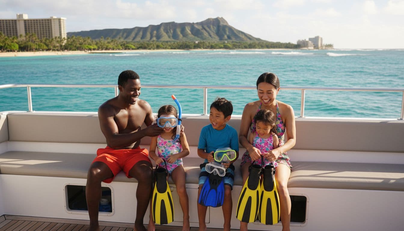 A joyful multiracial family of two parents and two young kids (ages 4-7) stands on the deck of a double-decker boat cruising off Waikiki Beach, Hawaii, with parents helping children don snorkel masks and fins amid smiles of excitement. Turquoise ocean waves roll by, Diamond Head looms in the background under sunny natural light with vibrant tropical colors.