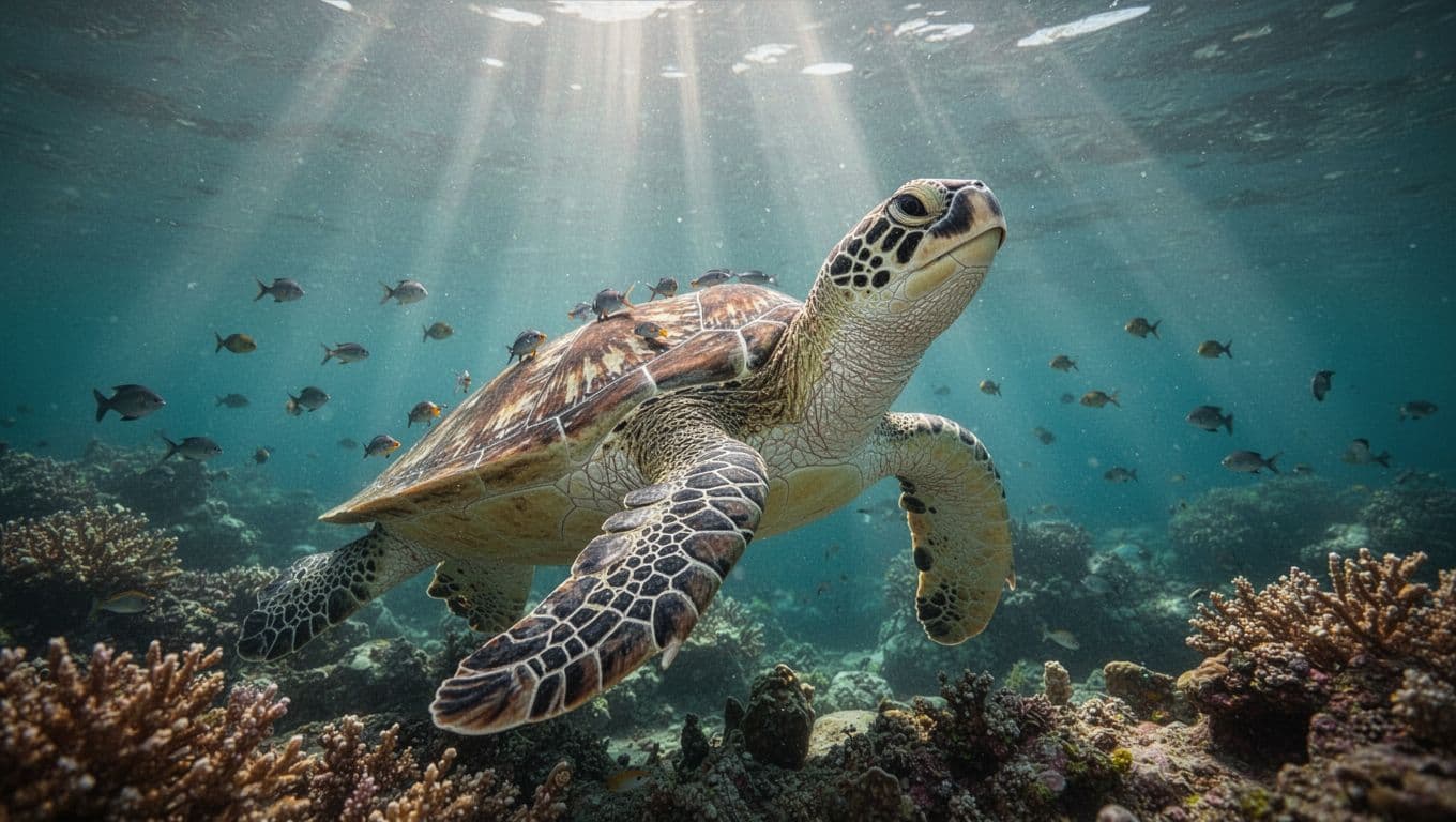 Hawaiian green sea turtle in relaxed pose with calm expression, surrounded by small cleaner fish on its shell in shallow turquoise water over coral, cinematic style with dramatic sunlight.
